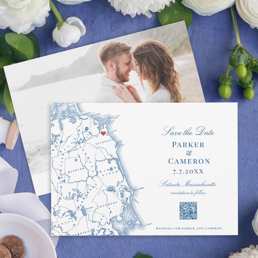 Save The Date Scanner MA Map Elegant Navy Blue QR code