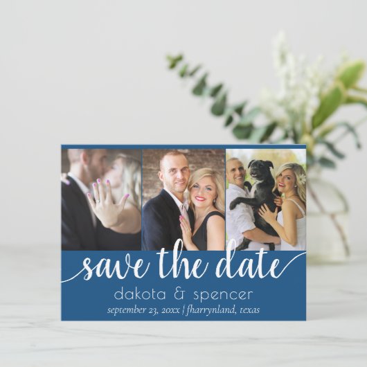 Save The Date Script bleu simple | Calligraphie photo Cerulean 3 (Debout devant)