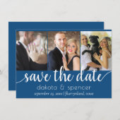 Save The Date Script bleu simple | Calligraphie photo Cerulean 3 (Devant / Derrière)