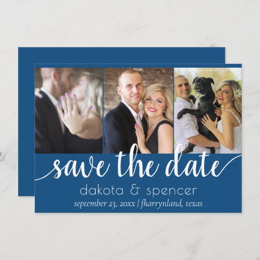 Save The Date Script bleu simple | Calligraphie photo Cerulean 3 (Devant / Derrière)