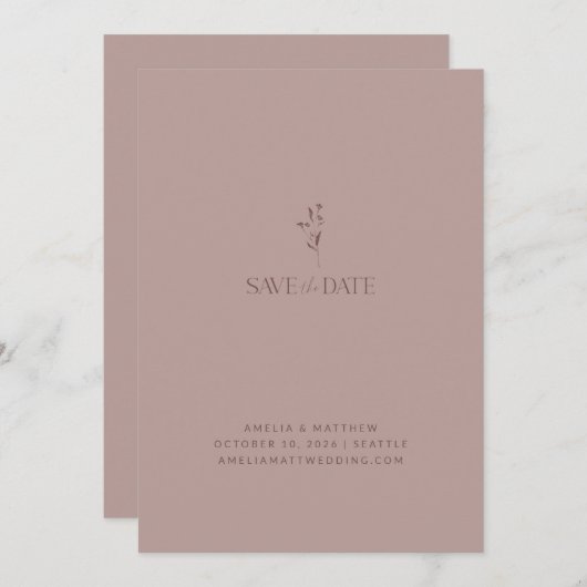 Save The Date Script Botanique Chic Simple Mariage Dusty Mauve (Devant / Derrière)