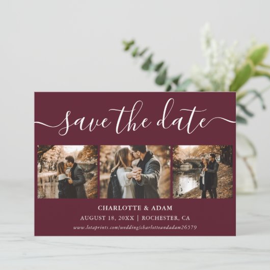 Save The Date Script Burgundy Photo Mariage Enregistrer Les Cart (Debout devant)