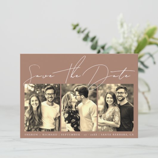 Save The Date Script calligraphie 3 sepia photo collage mocha (Debout devant)