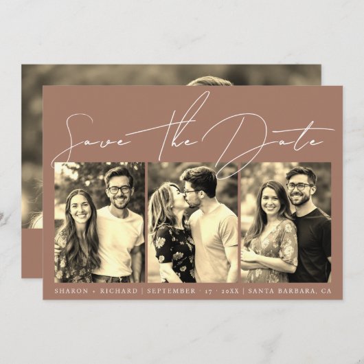 Save The Date Script calligraphie 3 sepia photo collage mocha (Devant / Derrière)