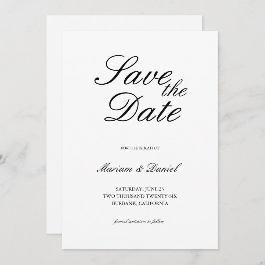 Save The Date Script classique élégant noir blanc Mariage islami (Devant / Derrière)