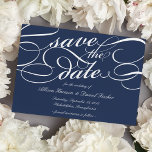 Save The Date Script classique Enregistrer la date | Marine<br><div class="desc">Élégant enregistrer les cartes de date en bleu marine et blanc fonctionnalité embellisé écriture de script pour un look classique et formel.</div>
