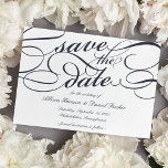 Save The Date Script classique Enregistrer la date | Marine<br><div class="desc">Élégant enregistrer les cartes de date dans riche marine bleu et blanc fonctionnalité embellisé écriture de script pour un look classique et formel.</div>