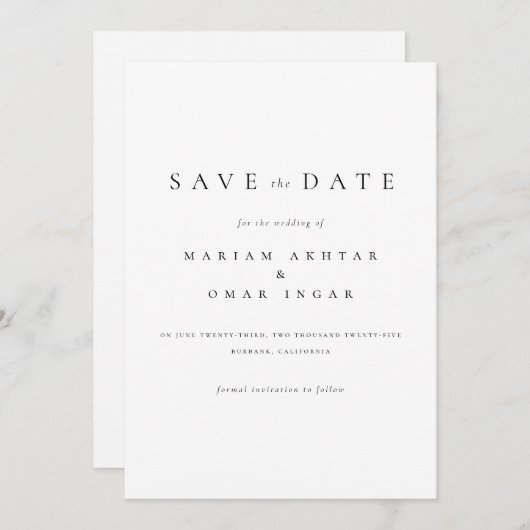 Save The Date Script classique simple Mariage noir et blanc (Devant / Derrière)