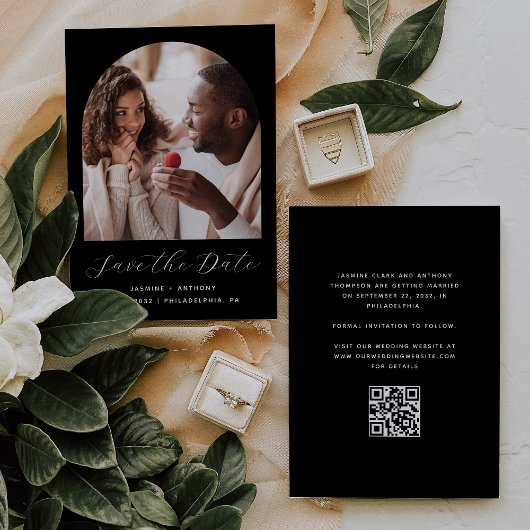 Save The Date Script d'arc photo minimal QR Code noir