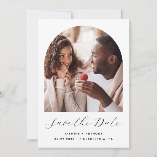 Save The Date Script d'arc photo minimal QR Code noir et blanc (Devant)