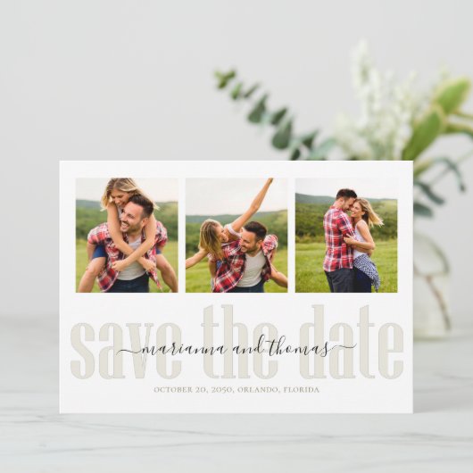 Save The Date Script de calligraphie d'or Stylish Multi Photo (Debout devant)