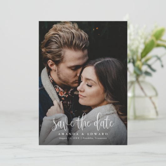 Save The Date Script de calligraphie moderne Deux photos Code QR (Debout devant)