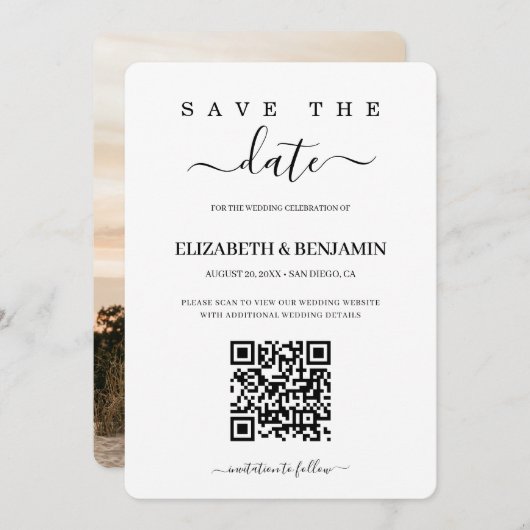 Save The Date Script de calligraphie moderne QR Code Photo Enreg (Devant / Derrière)