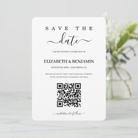 Save The Date Script de calligraphie moderne QR Code Photo Enreg (Debout devant)