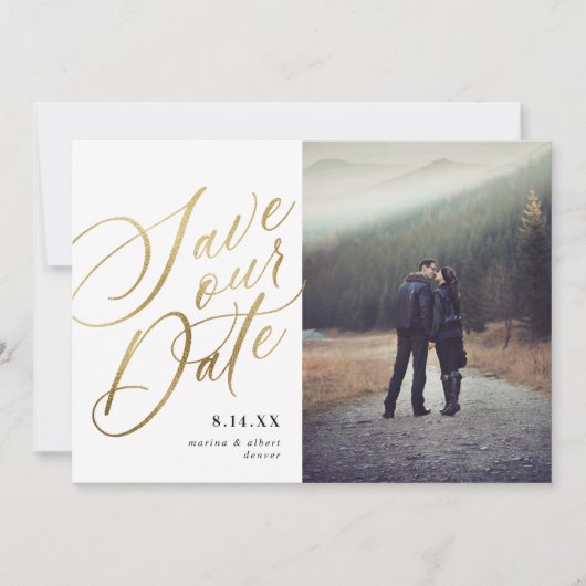 Save The Date Script de calligraphie | Or blanc | Photo (Devant)