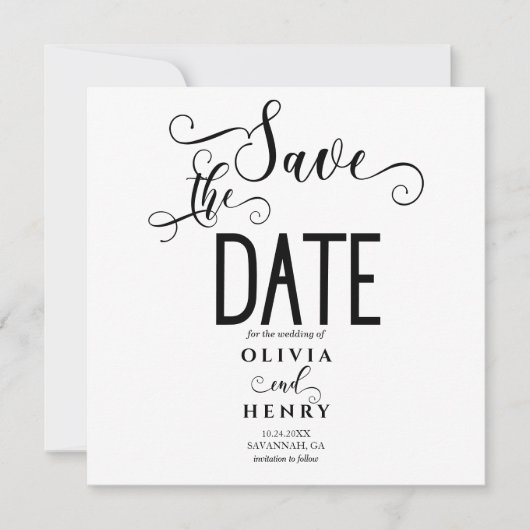 Save The Date Script de calligraphie romantique noir et blanc (Devant)