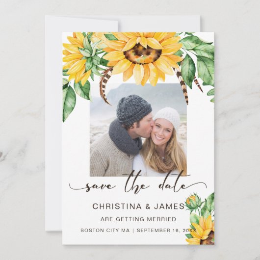 Save The Date Script de photo de bouquet de tournesols rustique (Devant)