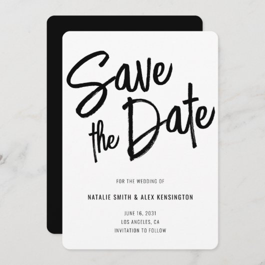 Save The Date Script de pinceau moderne Mariage noir blanc (Devant / Derrière)