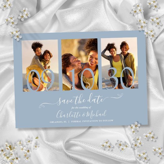 Save The Date Script de signature de collage de 3 photos Bleu po