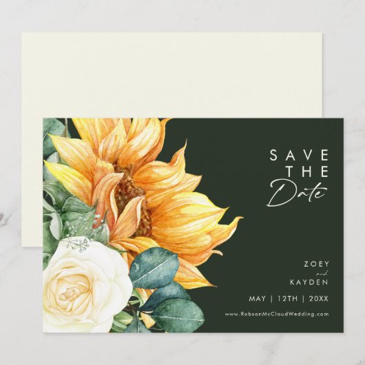 Save The Date Script de tournesol | Vert foncé horizontal (Devant / Derrière)