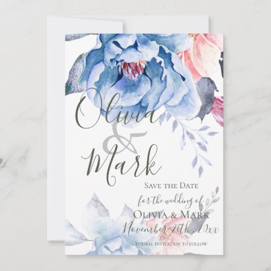 Save The Date Script élégant | Aquarelle bleue Florale | MARIAGE (Devant)