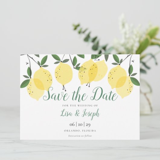 Save The Date Script élégant de citrons modernes (Debout devant)