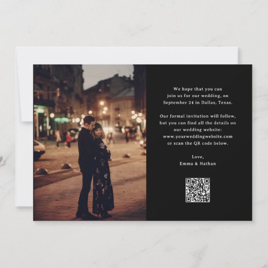 Save The Date Script élégant et noir | Deux photos et code QR (Dos)