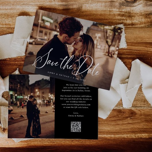 Save The Date Script élégant et noir | Deux photos et code QR