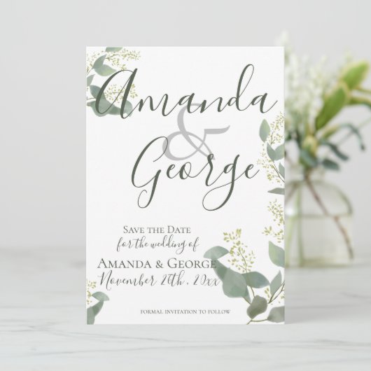 Save The Date Script élégant | Eucalyptus Feuilles | MARIAGE (Debout devant)