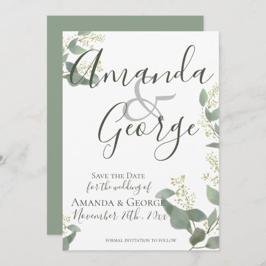 Save The Date Script élégant | Eucalyptus Feuilles | MARIAGE (Devant / Derrière)
