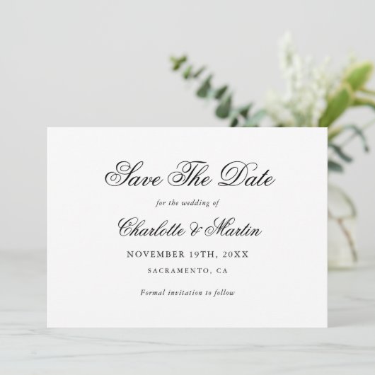 Save The Date Script élégant noir et blanc Mariage simple (Debout devant)
