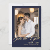 Save The Date Script élégant Or et bleu | Photo (Devant)