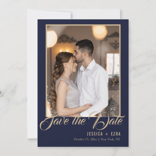 Save The Date Script élégant Or et bleu | Photo (Devant)