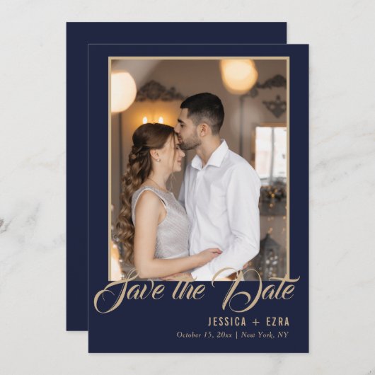 Save The Date Script élégant Or et bleu | Photo (Devant / Derrière)