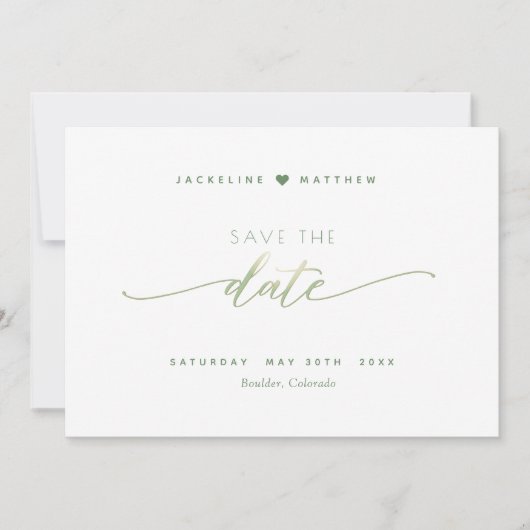Save The Date Script élégant, vert, Mariage simple (Devant)