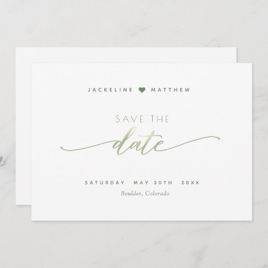 Save The Date Script élégant, vert, Mariage simple (Devant / Derrière)