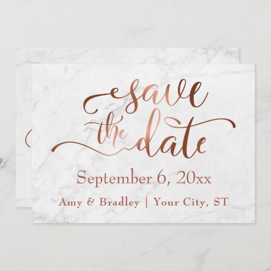 Save The Date Script en cuivre et mariage Marbre blanc Enregistr (Devant / Derrière)