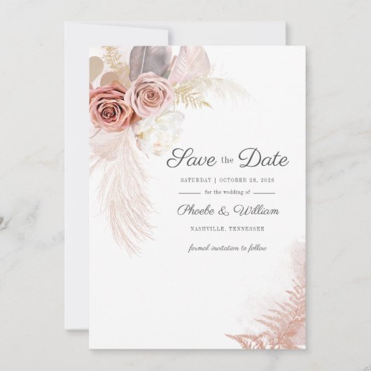 Save The Date Script floral en laiton moderne Pampas (Devant)