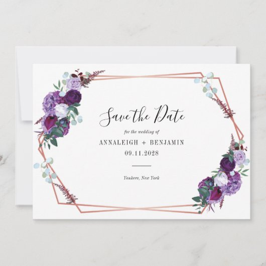 Save The Date Script Floral violet Mariage moderne géométrique (Devant)