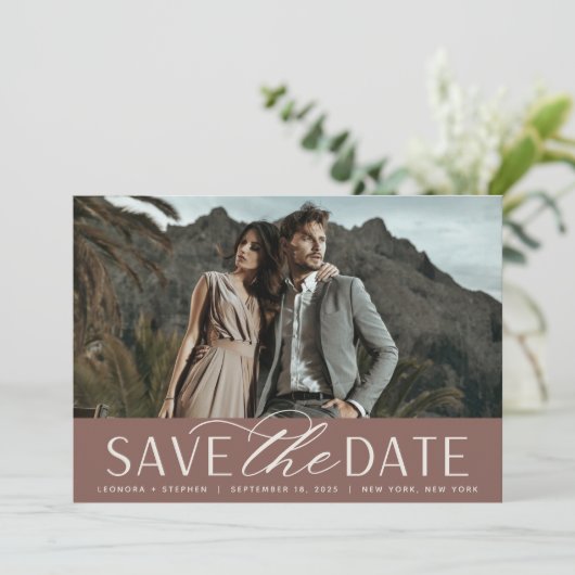 Save The Date Script lisse | Mariage photo horizontal unique (Debout devant)