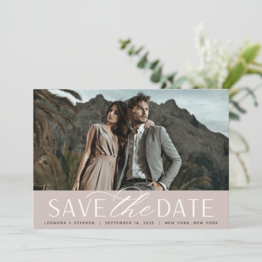 Save The Date Script lisse | Mariage photo horizontal unique (Debout devant)