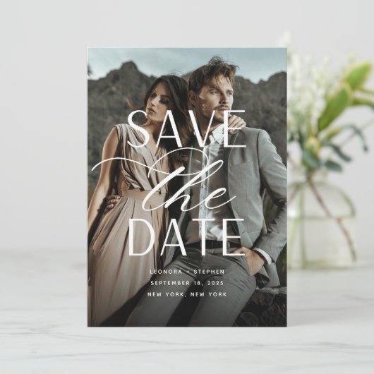 Save The Date Script lisse | Mariage photo vertical unique (Debout devant)