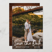 Save The Date Script manuscrit Rustique Bois Couple Photo (Devant / Derrière)