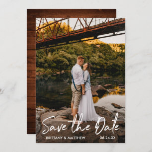 Save The Date Script manuscrit Rustique Bois Couple Photo