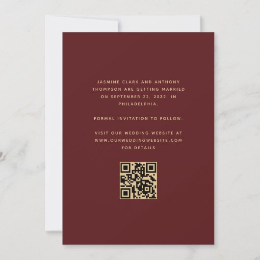Save The Date Script minimal d'arc photo QR Code Bourgogne Or (Dos)