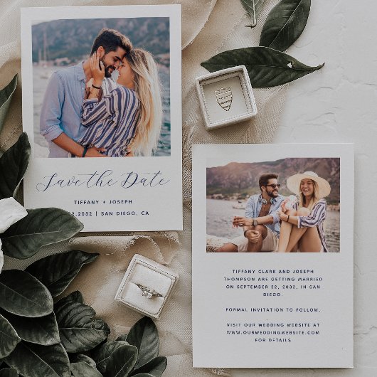 Save The Date Script minimal Deux Photos Bleu Nuit et Blanc