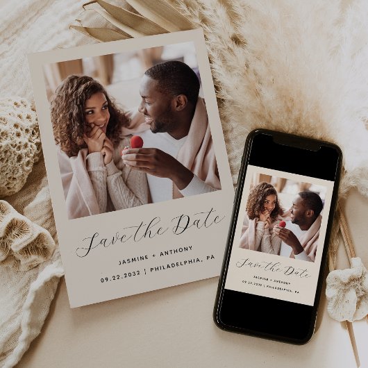 Save The Date Script minimal d'une photo beige