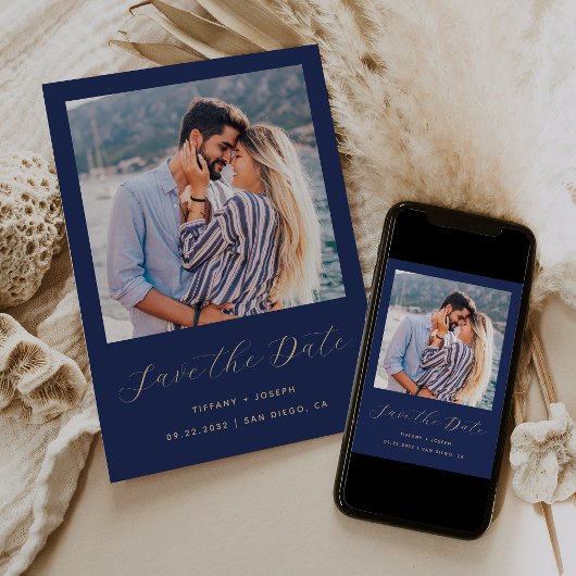 Save The Date Script Minimal Une Photo Bleu Nuit Or