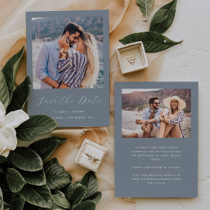 Save The Date Script Minimaliste Deux Photos Bleu Poussiéreux