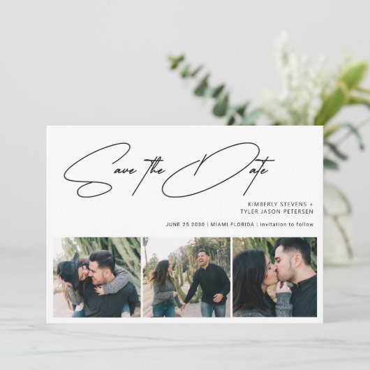 Save The Date Script moderne 3 photos mariage simple (Debout devant)